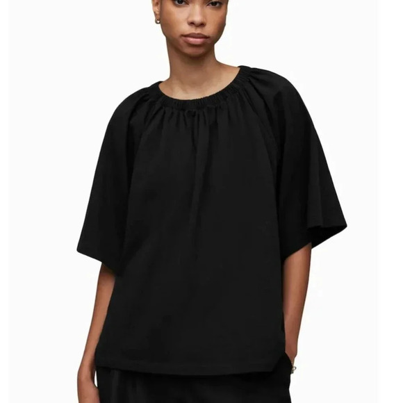 AllSaints Taylor Top Blouse Short Sleeve Pure Cotton Solid Black New Size Small - Picture 11 of 12